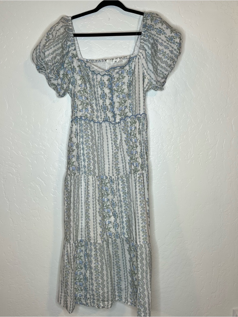 Cottagecore Midi Dress Puff sleeves Scalloped Layers Country Cowgirl Bridal L